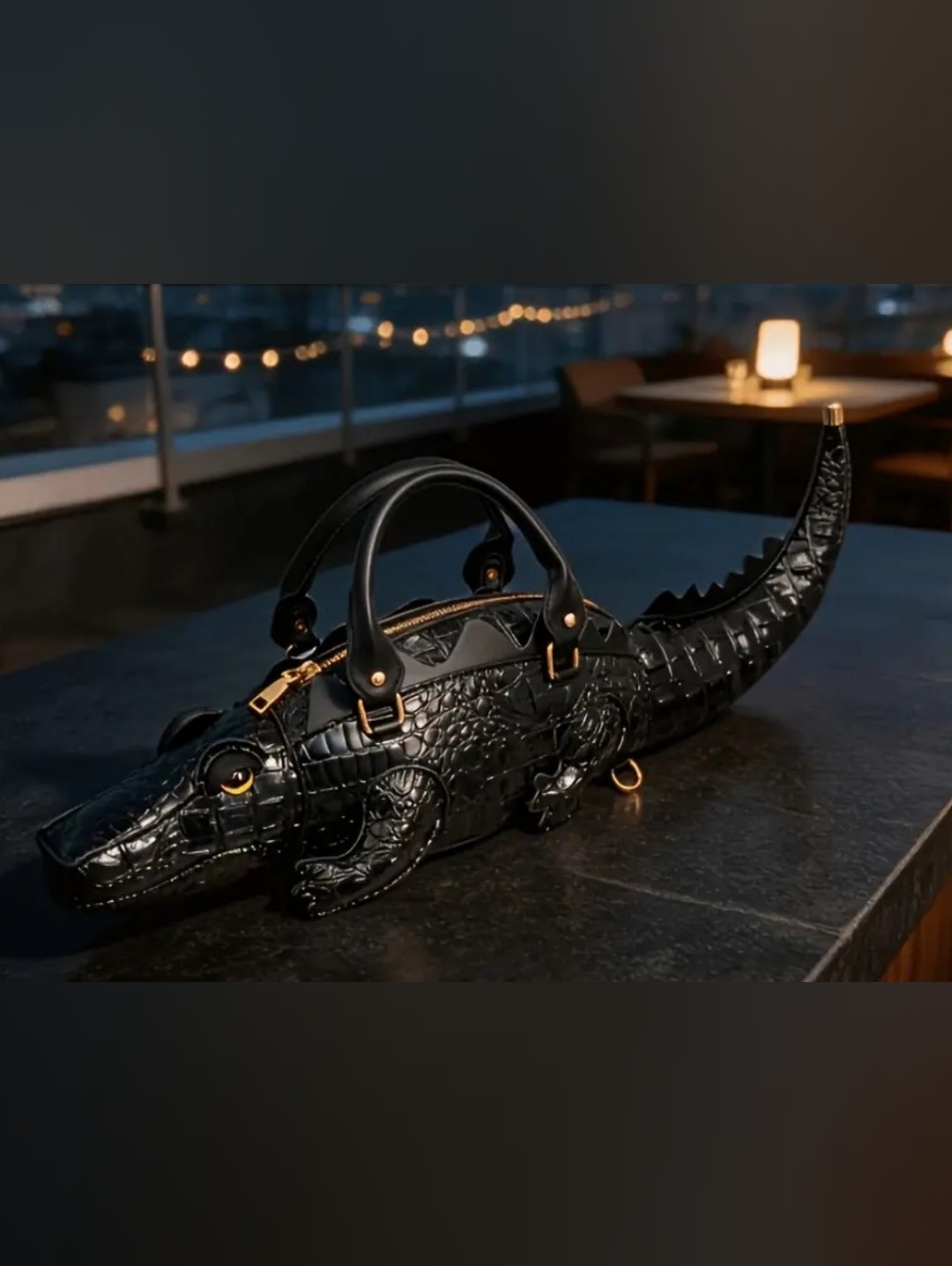 Black CrocodileShaped Leather Handbag